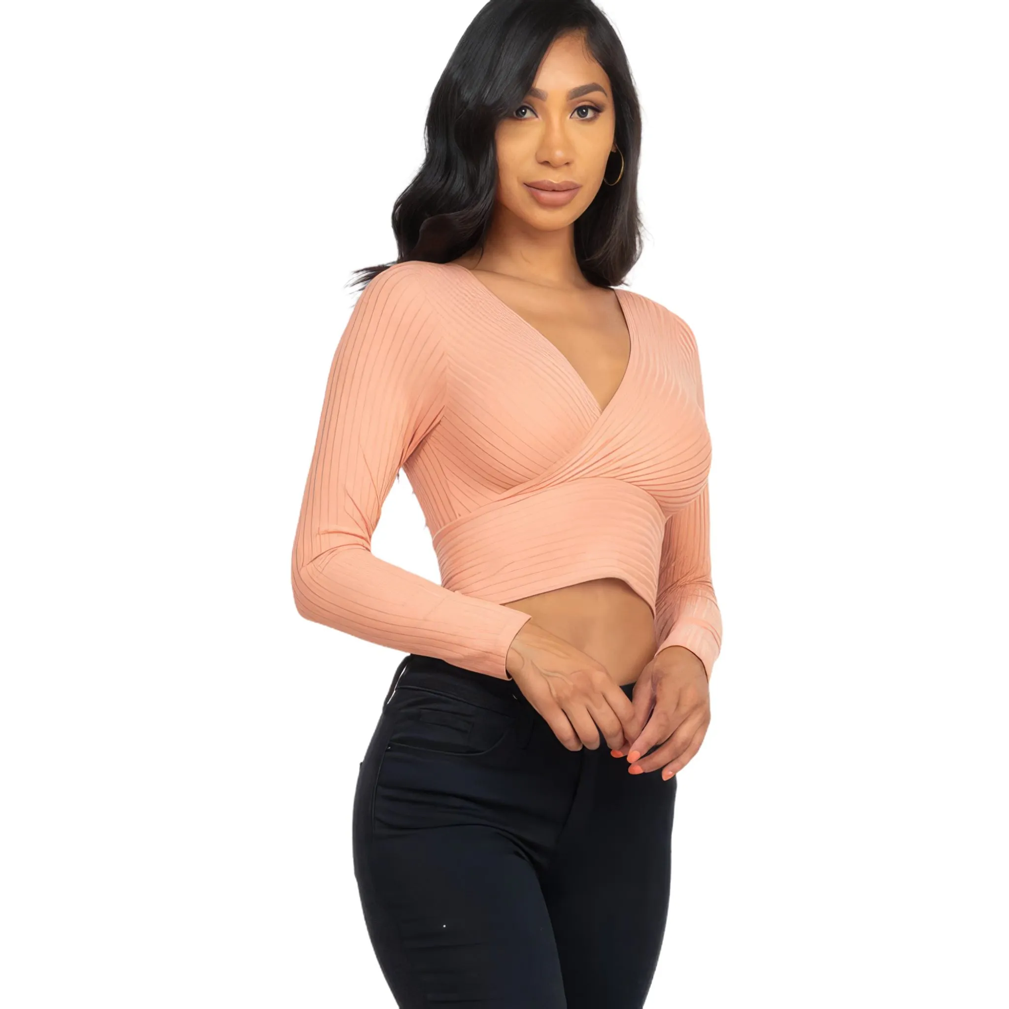 Women's Ribbed Wrap Front Long Sleeve Top - Available in Mocha and More