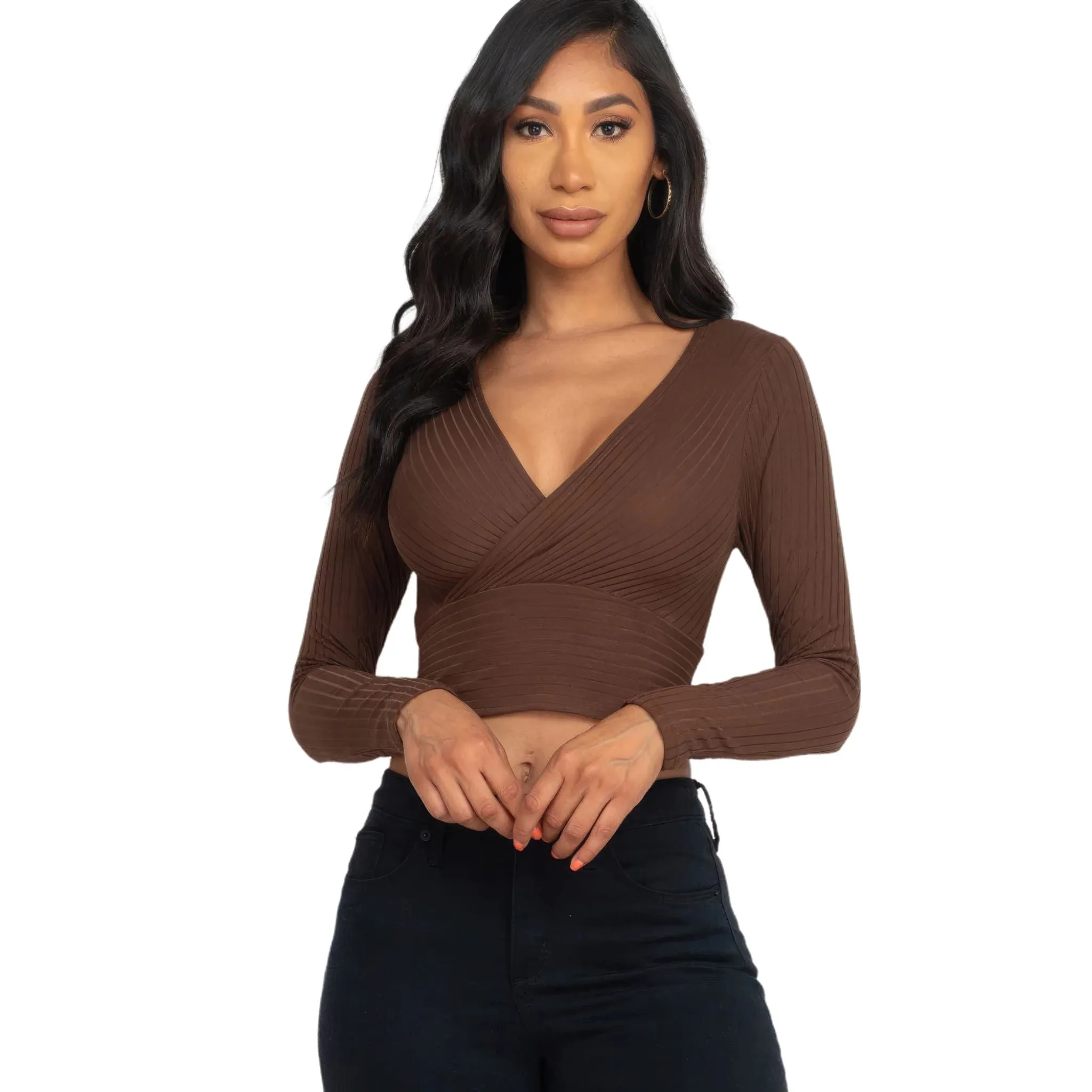 Women's Ribbed Wrap Front Long Sleeve Top - Available in Mocha and More