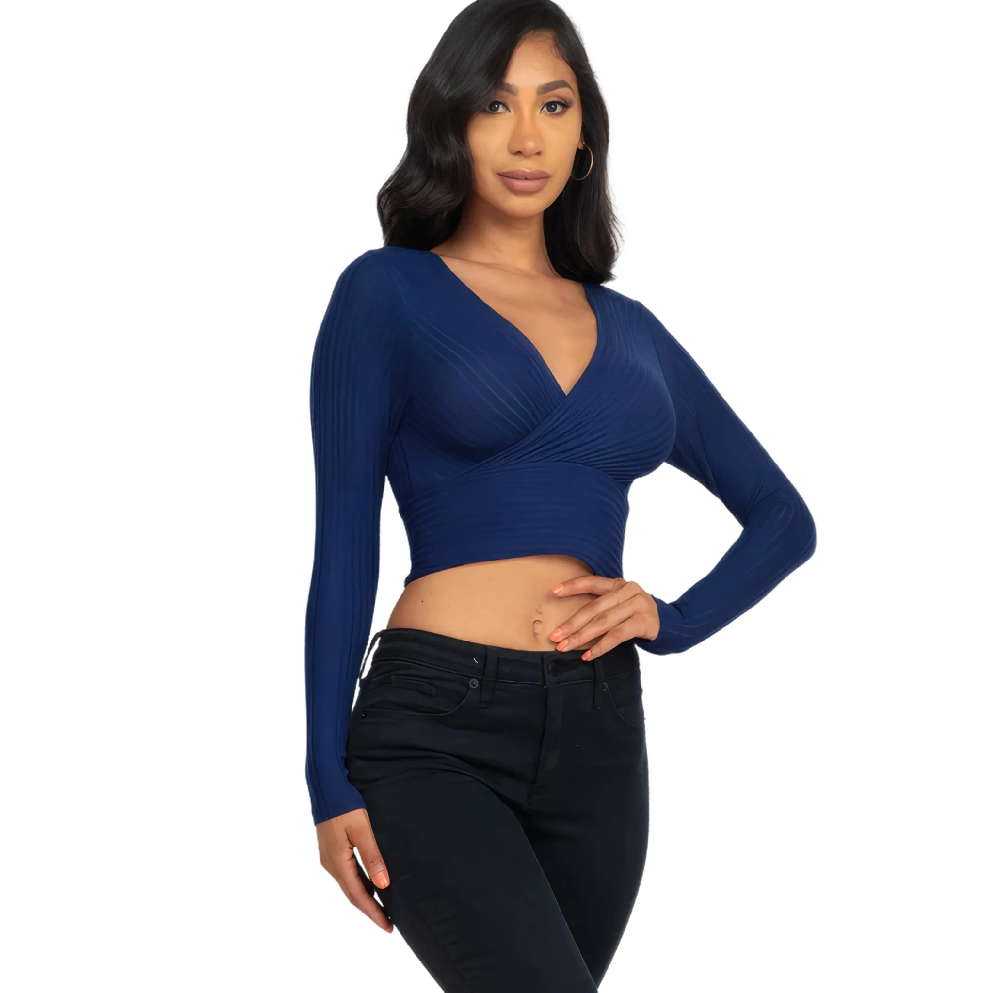 Women's Ribbed Wrap Front Long Sleeve Top - Available in Mocha and More