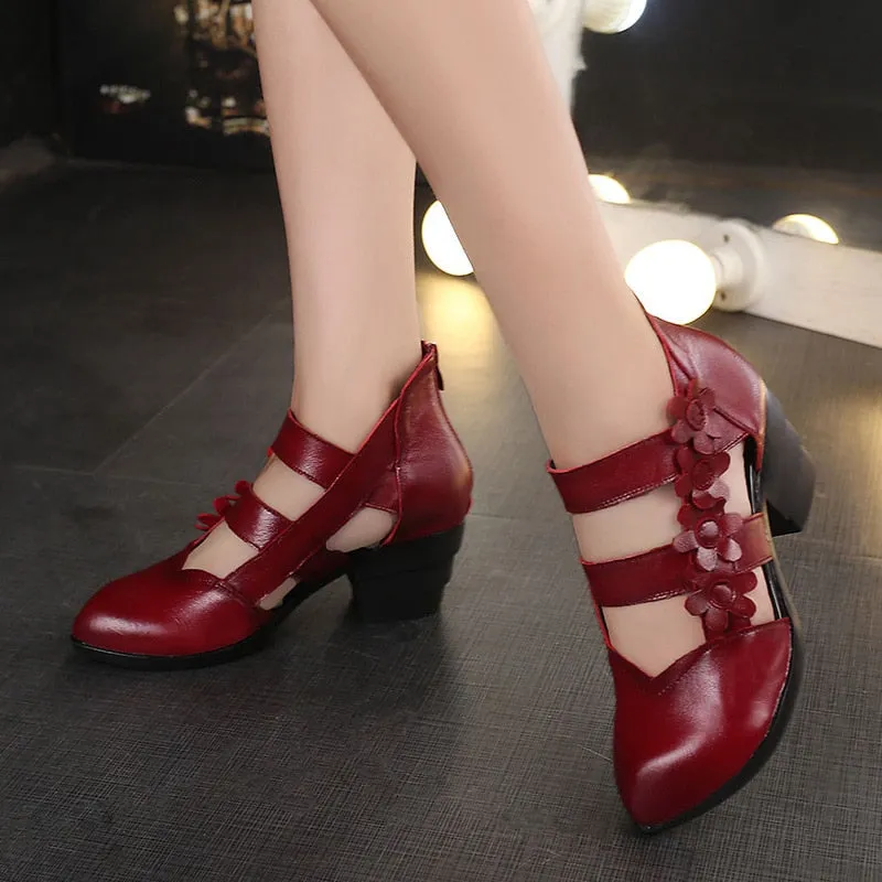 Women's Sandals High Heel Cross Straps Gladiator Sandals / Ethnic Style Flower Small Sharp Point Genuine Leather sandals for women