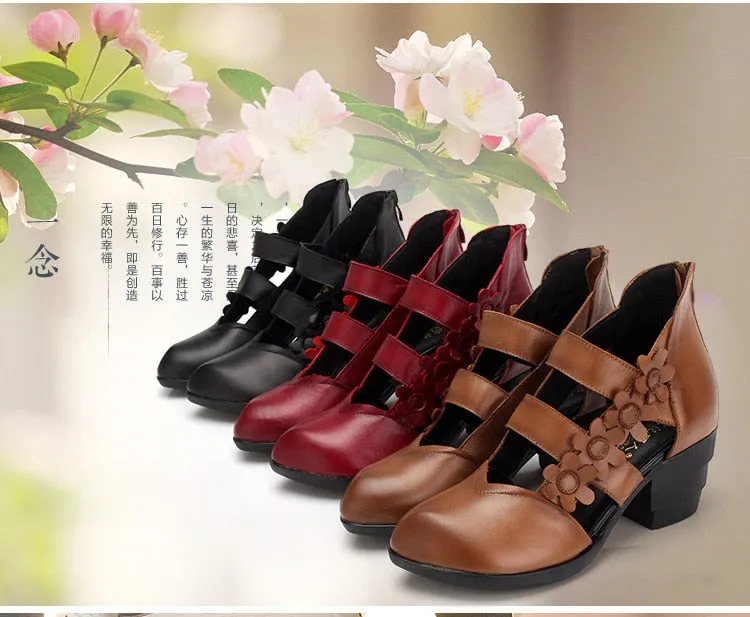 Women's Sandals High Heel Cross Straps Gladiator Sandals / Ethnic Style Flower Small Sharp Point Genuine Leather sandals for women