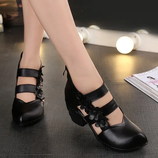 Women's Sandals High Heel Cross Straps Gladiator Sandals / Ethnic Style Flower Small Sharp Point Genuine Leather sandals for women