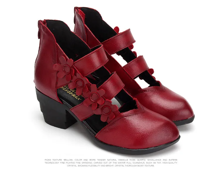 Women's Sandals High Heel Cross Straps Gladiator Sandals / Ethnic Style Flower Small Sharp Point Genuine Leather sandals for women