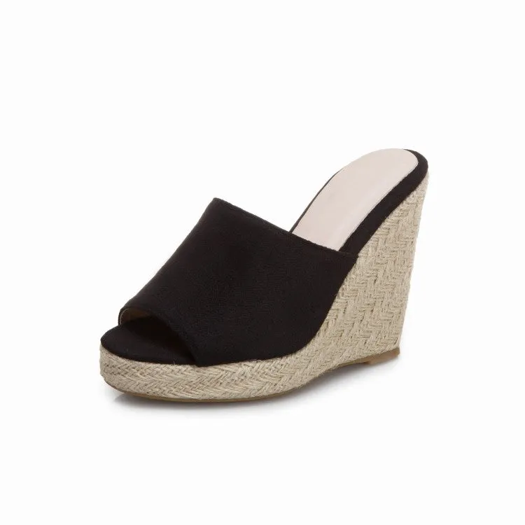 Women's Solid Color Suede Woven Wedge Heel Platform Sandals