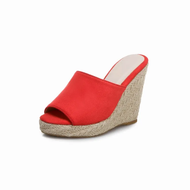 Women's Solid Color Suede Woven Wedge Heel Platform Sandals