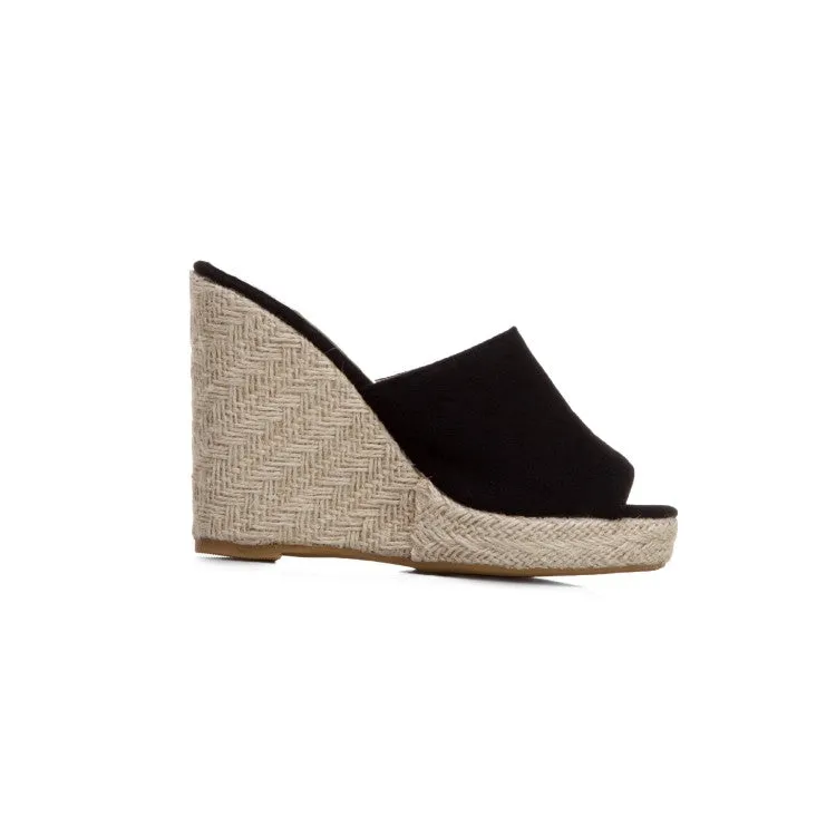 Women's Solid Color Suede Woven Wedge Heel Platform Sandals