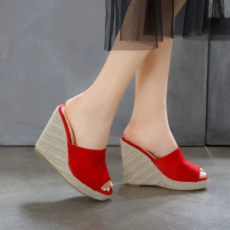 Women's Solid Color Suede Woven Wedge Heel Platform Sandals
