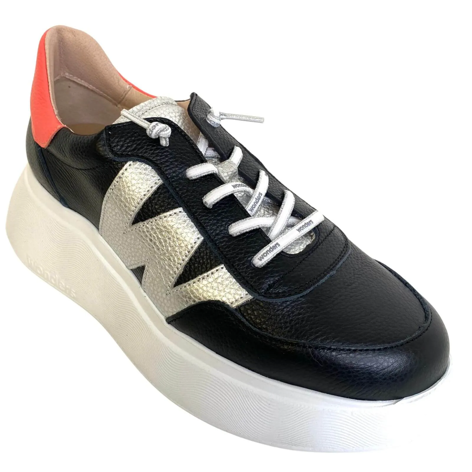 Wonders Black & Coral Leather Sneakers