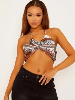 Wrap Front Scarf Print Chain Halter Crop Top