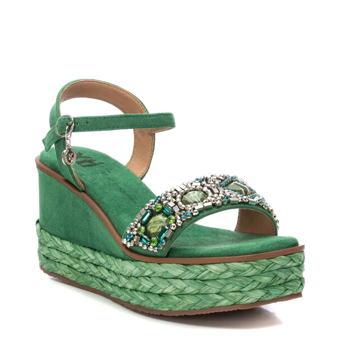 XTI Green Beaded Wedge Sandals