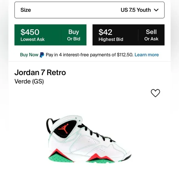 Youth Size 7.5 (Euro Sz 40.5) Jordan 7 Retro GS Sneakers Verde/White/Red/Green